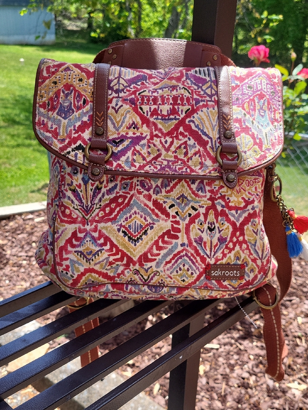 Sakroots Pink Multi Ikat-Style Canvas Backpack with Brown Trim